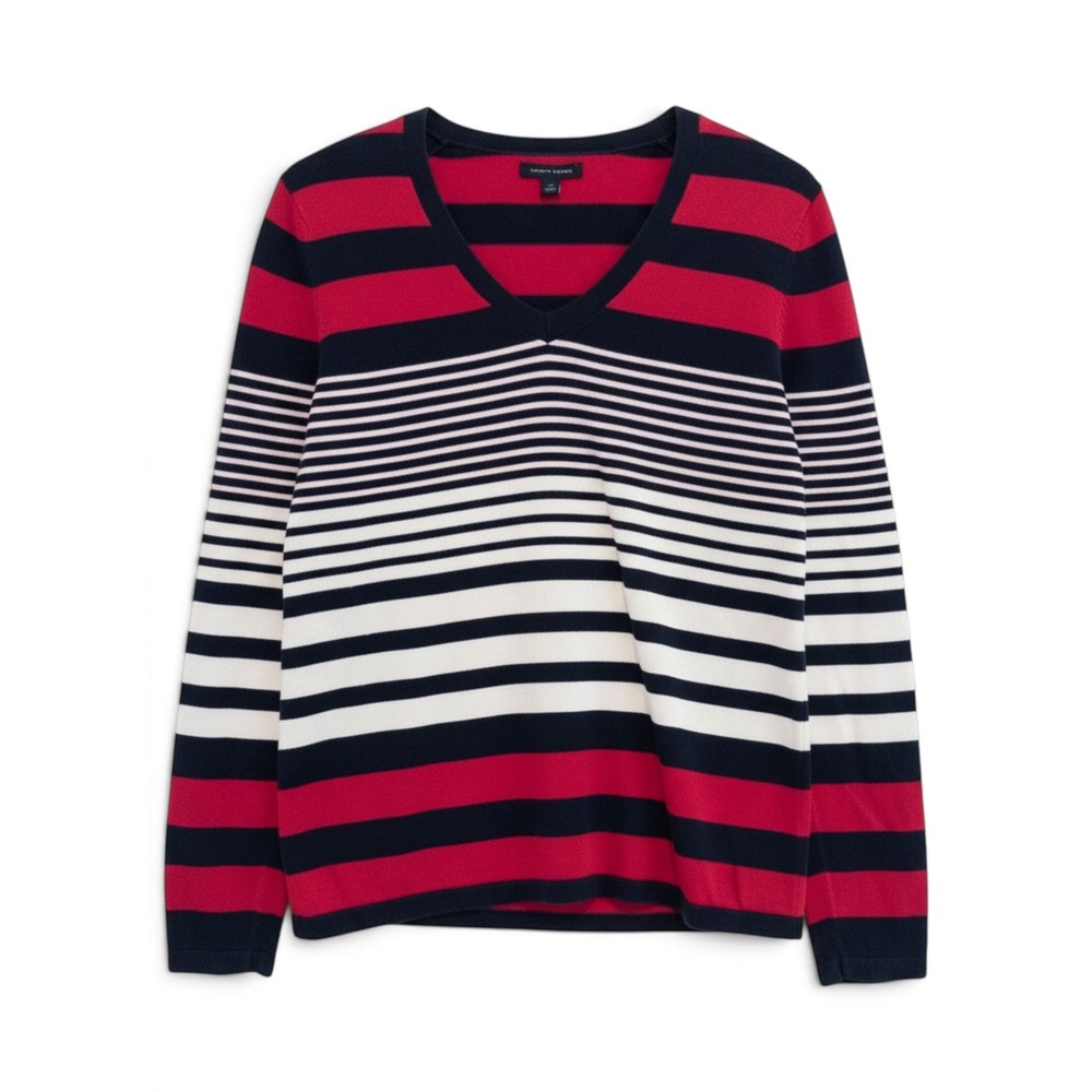 Tommy Hilfiger V-Neck Sweater Women L Nautical Coastal Americana Striped Top